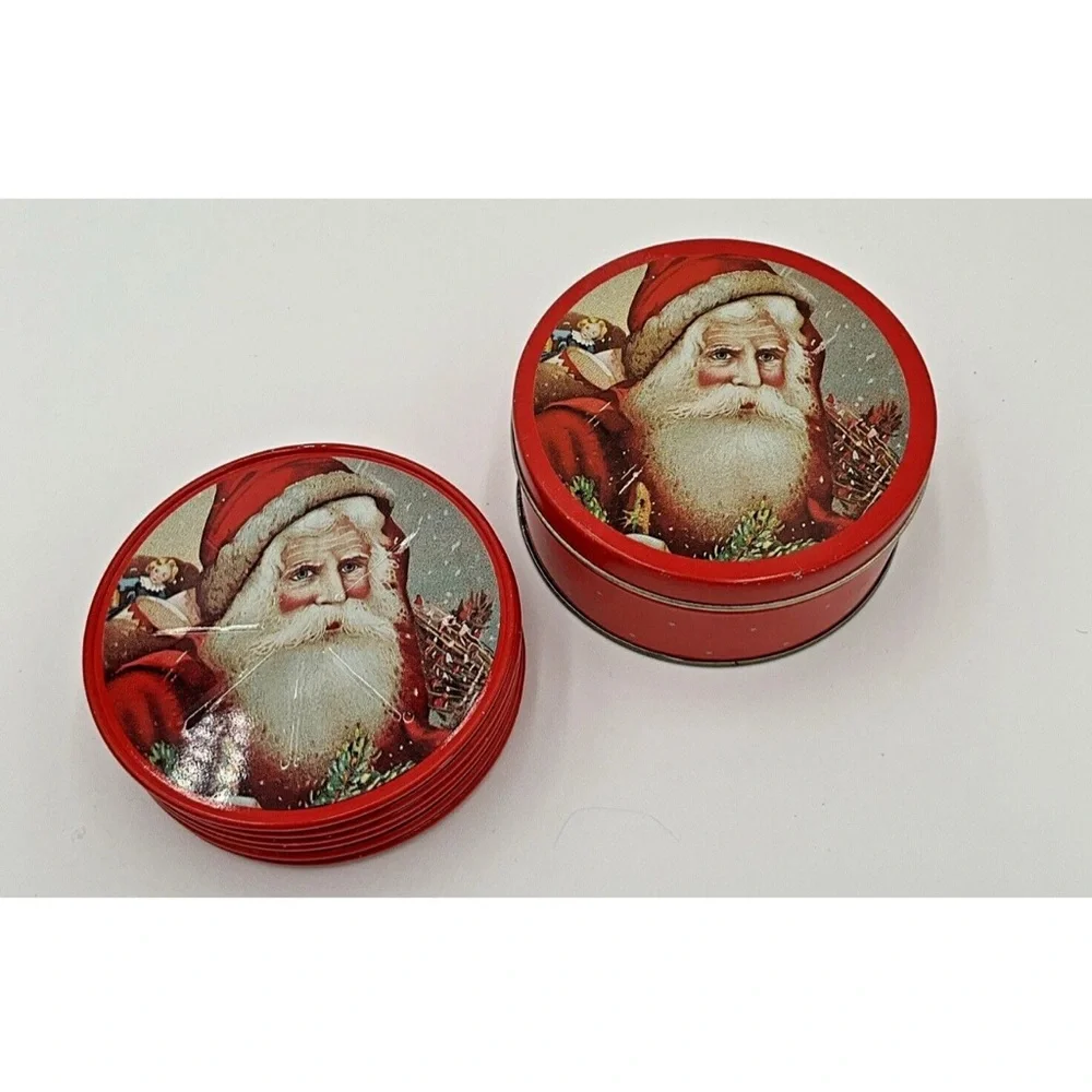 Vtg Tin Santa Claus Coasters, Christmas Lidded 5/ Container ~Holiday Round 3.5”